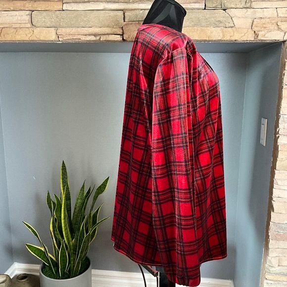 Intro Stretch Velvet Oversized Tartan Plaid Henley Top Holiday Comfy Red Black L - Picture 5 of 11